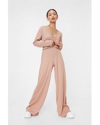 Nasty Gal - Ribbed Button Top And Wide Leg Pants Set - Lyst
