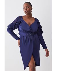 Karen Millen - Plus Size Satin And Lace Ruffle Woven Midi Dress - Lyst