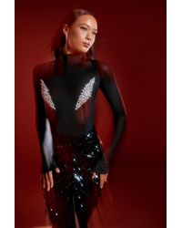 MissPap - Diamante Trim Sheer Mesh Long Sleeve Bodysuit - Lyst