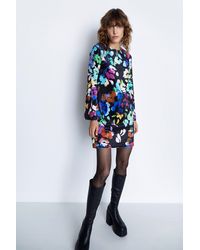 Warehouse - Floral Print Velvet Shift Flare Sleeve Mini Dress - Lyst