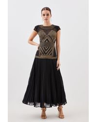 KarenMillen - Petite Gold Embellished Pleated Woven Maxi Dress - Lyst