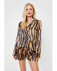Nasty Gal - Satin Tiger Print Pajama Shirt And Shorts Set - Lyst