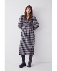 Warehouse - Check Shirred Wrap Frill Detail Midi Dress - Lyst