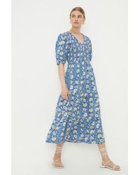 Dorothy Perkins - Blue Printed Shirred Bodice Tiered Midi Dress - Lyst