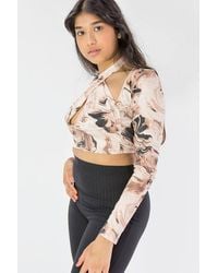 Femme Luxe - Marble Print Slinky Cross Wrap Halter Crop Top - Lyst