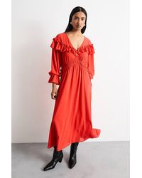 Warehouse - Ruffle Shoulder Detail V Neck Boho Maxi Dress - Lyst