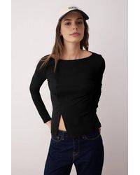 WOVCOR - Button Detail Crew Neck Ribbed Stretch Knit Blouse - Lyst