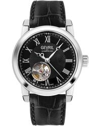 Gevril - Madison Open Heart, Ss Black Dial, Genuine Black Leather Strap Swiss Automatic Watch - Lyst