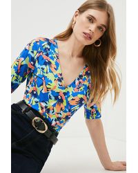 Karen Millen - Abstract Floral Short Sleeve Wrap Jersey Top - Lyst