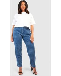 Boohoo Diamante Hot Fix High Waisted Mom Jeans in Blue