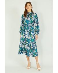 Yumi' - Green Seventies Floral Print High Neck Midi Dress With Long Sleeves - Lyst