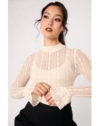 Hell Bunny - Maude Floral Lace Mesh High Neck Frill Sleeve Top - Lyst