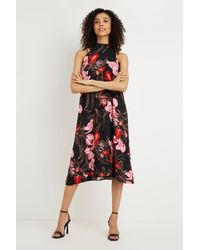 Wallis - Petite Red And Pink Floral Tie Neck Dress - Lyst