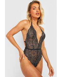Boohoo - Glitter Lace Plunge One Piece - Lyst