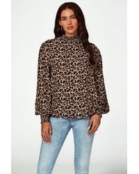 FS Collection - Leopard Print Long Sleeve High Neck Blouse - Lyst
