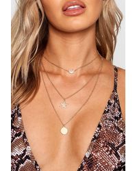 Boohoo - Lea Diamante Horn Star & Coin Layered Necklace - Lyst