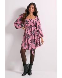 Dorothy Perkins - Petite Floral Square Neck Blouson Sleeve Tie Back Mini Dress - Lyst