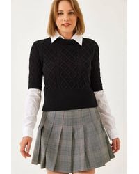 Bianco Lucci - Textured Knitwear Crop Sweater With Shirt Collar - Lyst