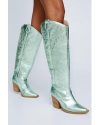 Nasty Gal - Leather Metallic Butterfly Embroidery Knee High Cowboy Boots - Lyst
