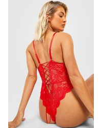 Boohoo - Lace Up Crotchless One Piece - Lyst