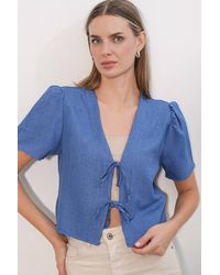 Bigdart - Textured V-Neck Linen Blend Crop Top - Lyst
