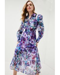 Karen Millen - Floral Organdie Woven Belted Midi Dress - Lyst