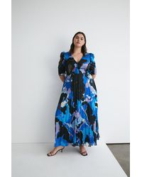 Warehouse - Plus Size Abstract V Neck Pleated Maxi Dress - Lyst