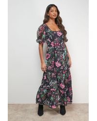 Oasis - Printed Square Neck Scallop Edge Puff Sleeve Midi Dress - Lyst