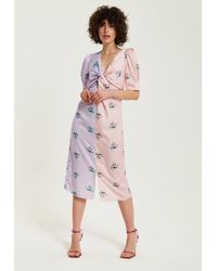 Liquorish - Lilac And Pink Floral Knot Front Midi Dress With Short Sleeves - Lyst