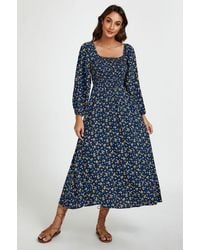 FS Collection - Print Square Neck Midi Dress With Long Sleeves - Lyst