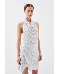 Karen Millen - Petite Jersey Sequin Cowl Neck Mini Dress - Lyst