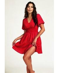 FS Collection - Polka Dot V-Neck Mini Dress With Shirred Waist - Lyst