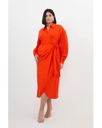 Karen Millen - Plus Size Viscose Linen Woven Tie Wrap Maxi Shirt Dress - Lyst