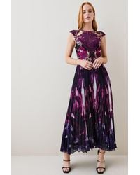Karen Millen - Metallic Guipure Lace Mirrored Pleat Midi Dress - Lyst