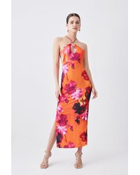 Karen Millen - Petite Floral Print Halter Jersey Maxi Dress - Lyst