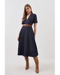 Karen Millen - Tailored Denim Short Sleeve Full Skirt Midi Dress - Lyst