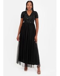 Maya Deluxe - Short Sleeve V Neck Embellished Maxi Dress - Lyst