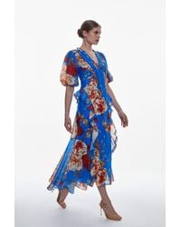 Karen Millen - Graphic Lace Trim Floral Woven Plunge Maxi Dress - Lyst