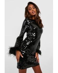 Boohoo - Premium Sequin Feather Cuff Shift Party Dress - Lyst