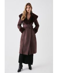Coast - Faux Shearling Collar Belted Long Coat - Lyst