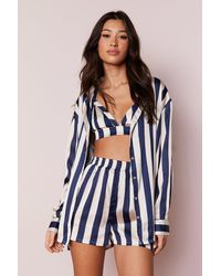 Nasty Gal - Satin Stripe Bralette And Shirt 3pc Pajama Shorts Set - Lyst