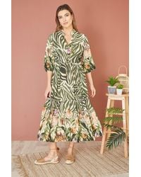 Yumi' - Green Viscose Zebra And Floral Print Midi Dress - Lyst