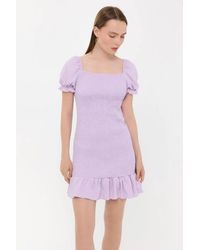 Hiccup - Ribbed Ruffled Square Neck Mini Dress With Balloon Sleeves - Lyst