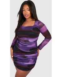 Boohoo - Plus Square Neck Ruched Printed Mesh Bodycon Dress - Lyst