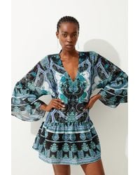 Karen Millen - Embellished Mirrored Print Kimono Sleeve Mini Beach Dress - Lyst