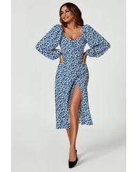 FS Collection - Floral Print Long Sleeve Heart Neckline Midi Dress - Lyst