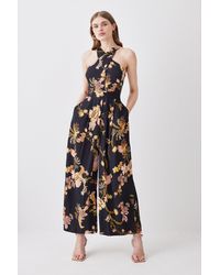 Karen Millen - Floral Premium Linen Viscose Halter Woven Jumpsuit - Lyst