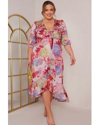 Chi Chi London - Plus Size Short Sleeve Tie Front Floral Midi Dress - Lyst
