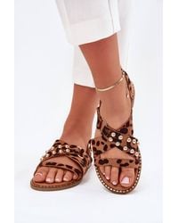 Love Lace - Suede Flat Sandals With Studs Buckle Adjustable Strap - Lyst