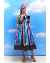 Coast - Lisa Tan Geo Stripe Ruffle Shoulder Midi Dress - Lyst